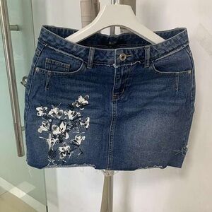 Ella Blue Denim Skirt with White Floral Design